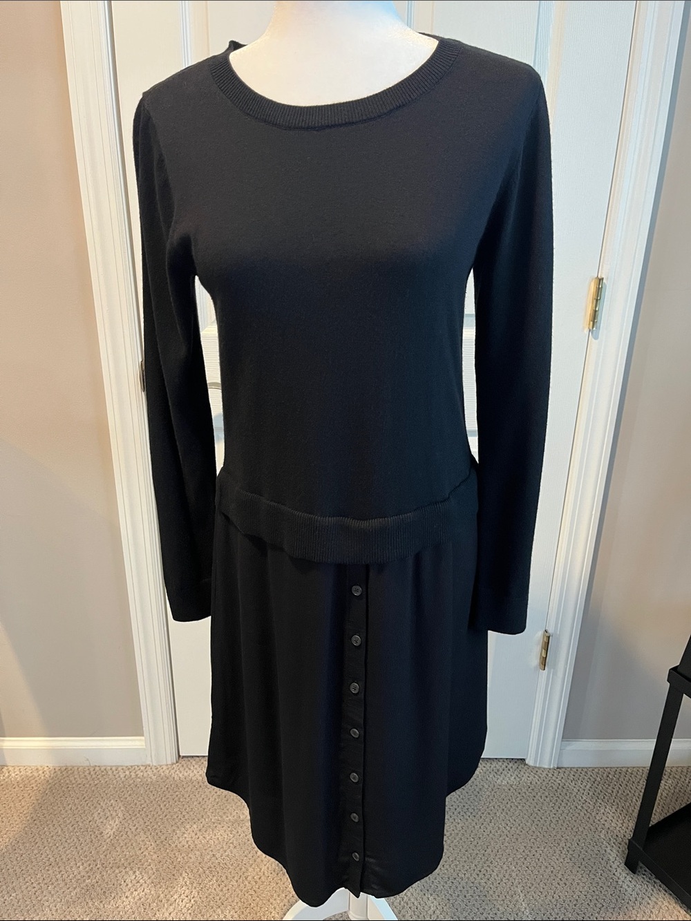 LOFT Black Long-Sleeve Button-Front Knit Dress